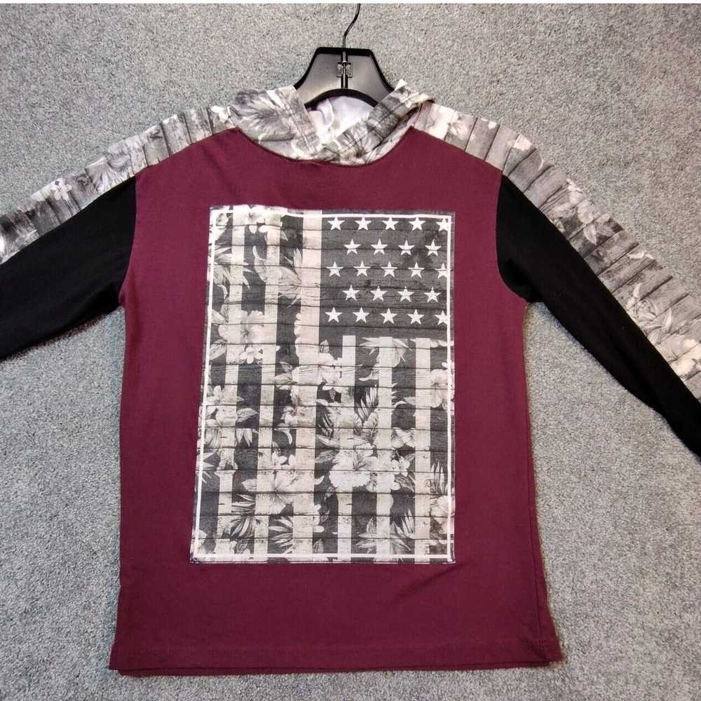 Fresh Laundry Boys Baseball Shirt Small Maroon Floral USA Flag Patriotic Hooded
